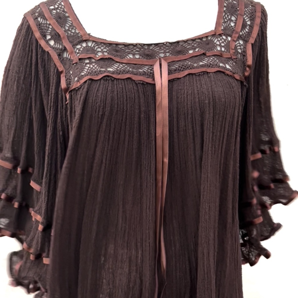 1970s Angel Bell Sleeve Gauze Blouse Mini Dress with Ribbon